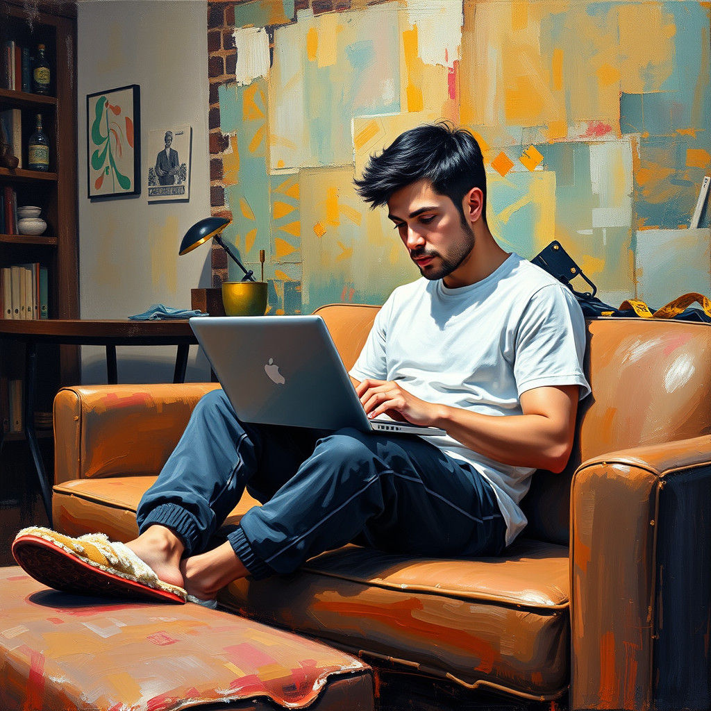 Man with short dark hair, white T-shirt, dark sweatpants and slippers, sitting on the sofa in front of him with the lapt...