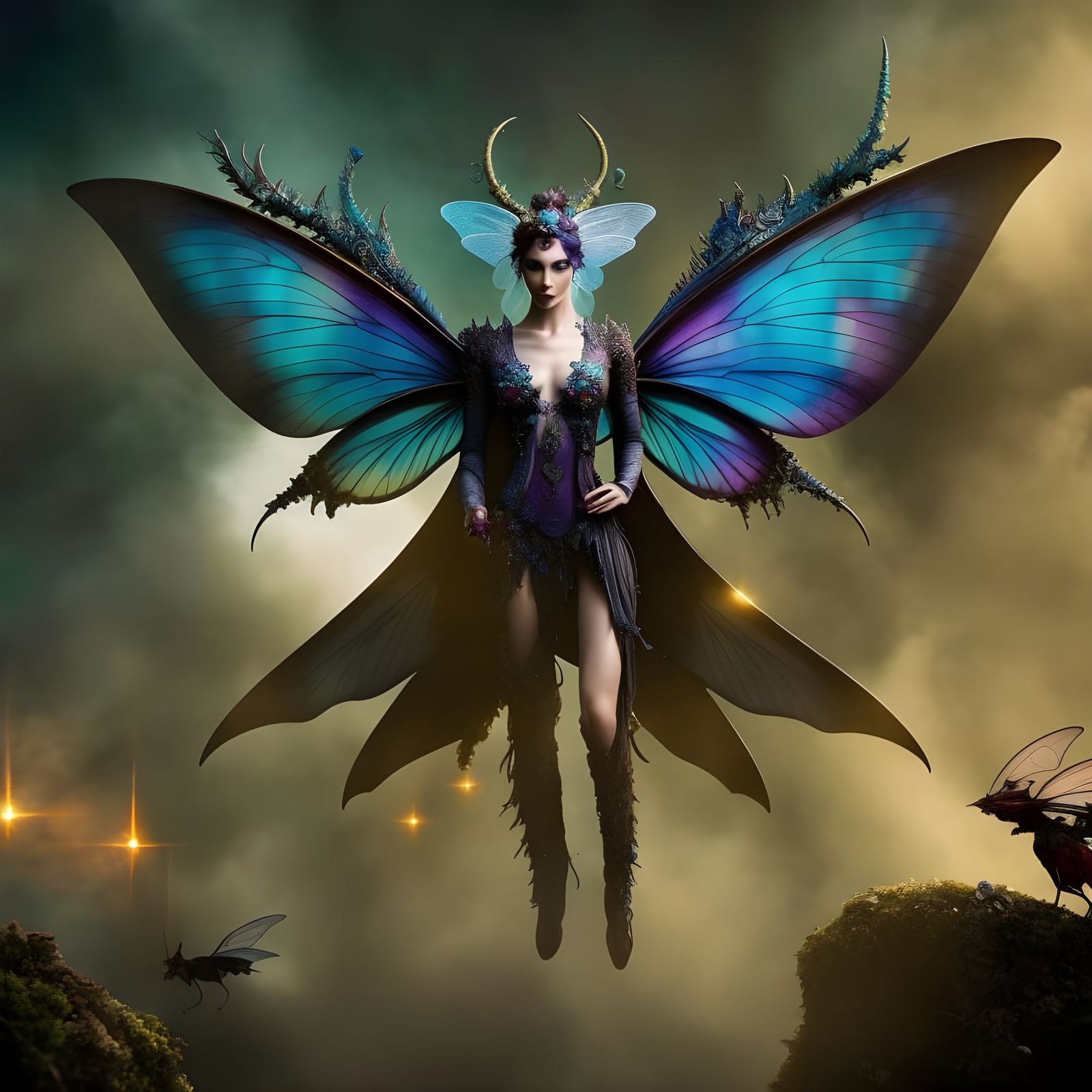 Flying Fairy in Fairytale Countryside: Fantasycore Artwork