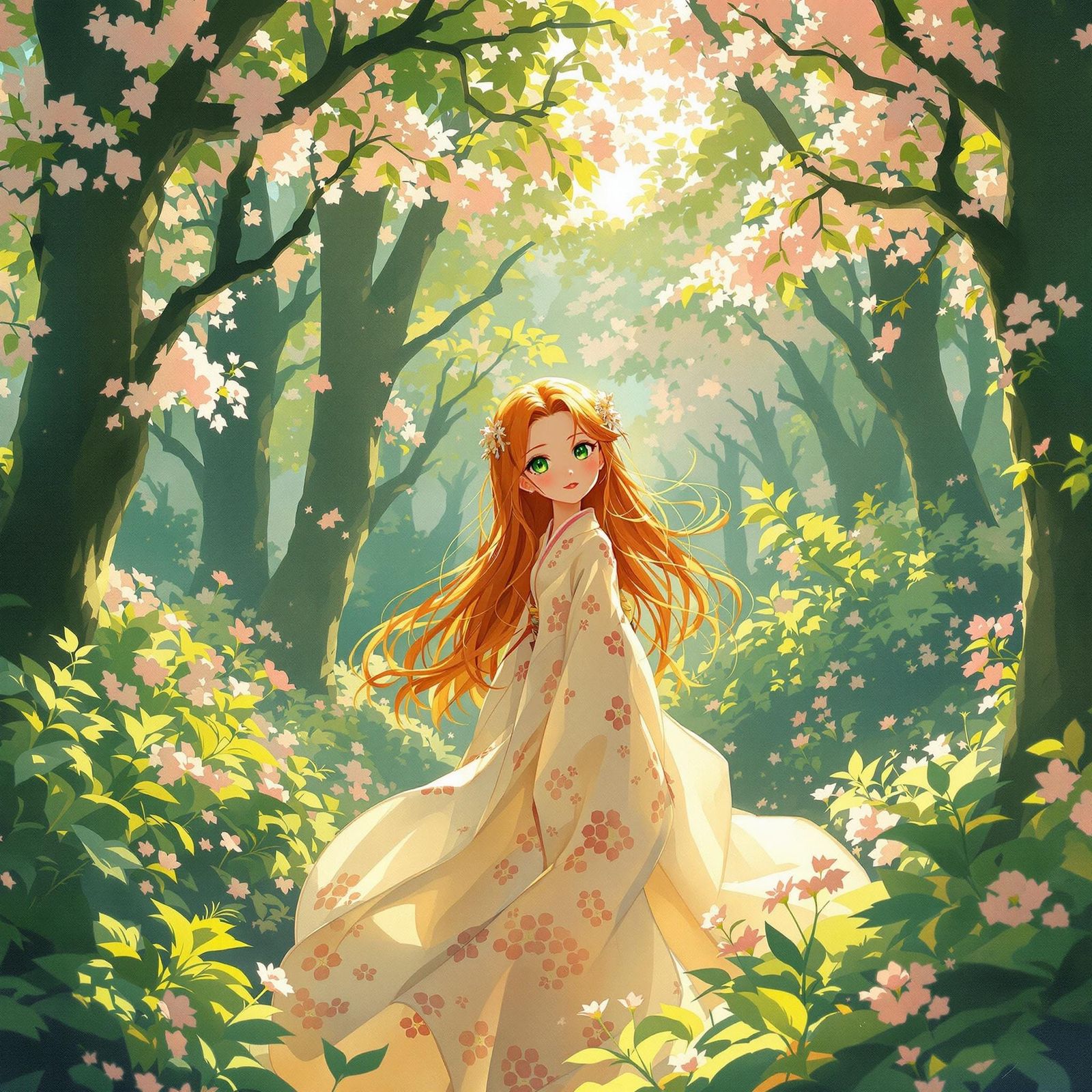 Girl in Blossom Kimono, Ghibli-esque Forest Scene