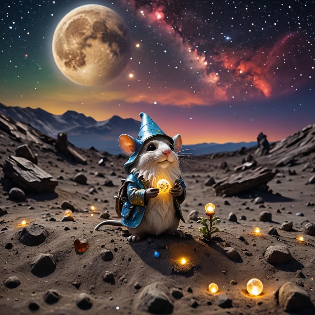 Gnome Mouse on Moon with Fireflies Macro Photograph
