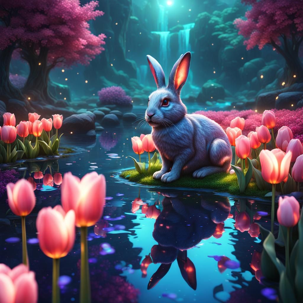 Radiant Galaxy Bunny in Illuminated Tulip Garden