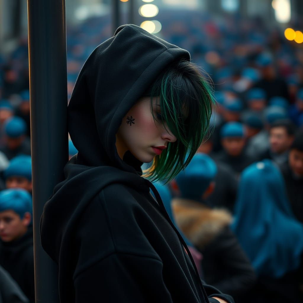 side view beautiful emo girl in black hoodie hood down with green highlights in hair. red eyes looking down snow flake t...