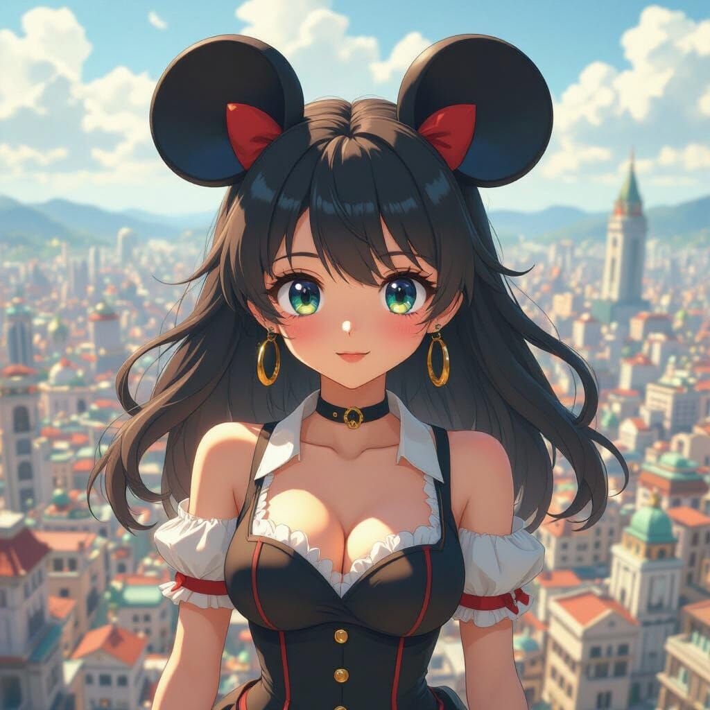 Colossal Anime Woman Overlooking Tiny City