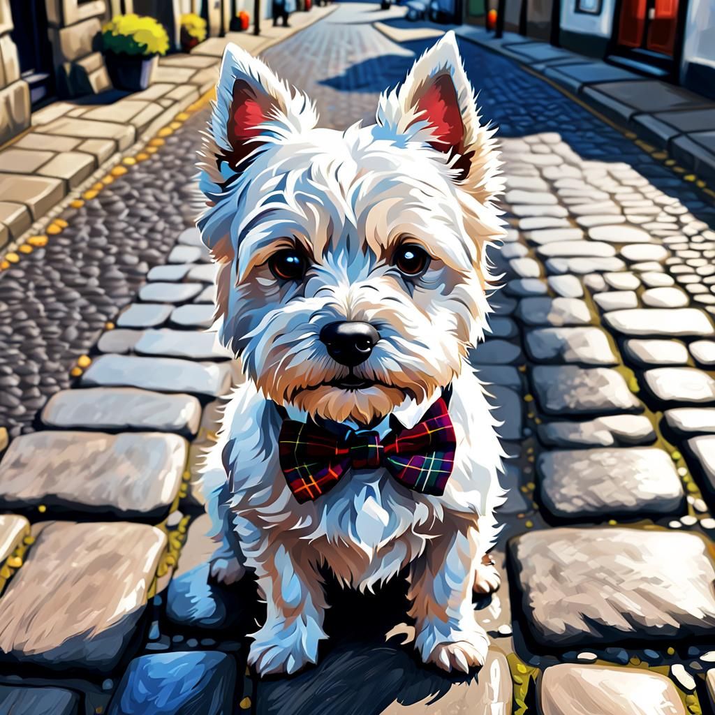 Westie with Tartan Bow Tie: Hyperrealistic Digital Art
