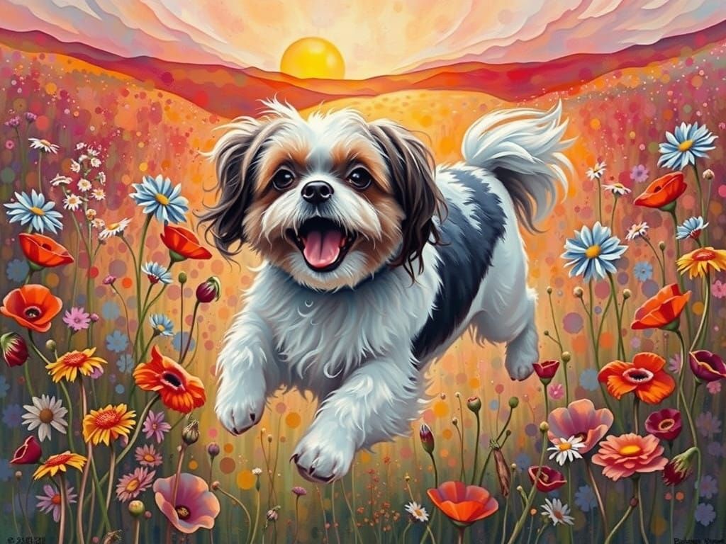 Vibrant Shih Tzu Leaps through a Daisied Sunset