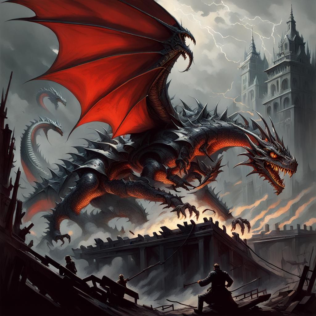 Electric Mechanical Dragon in Horror Engraving Style