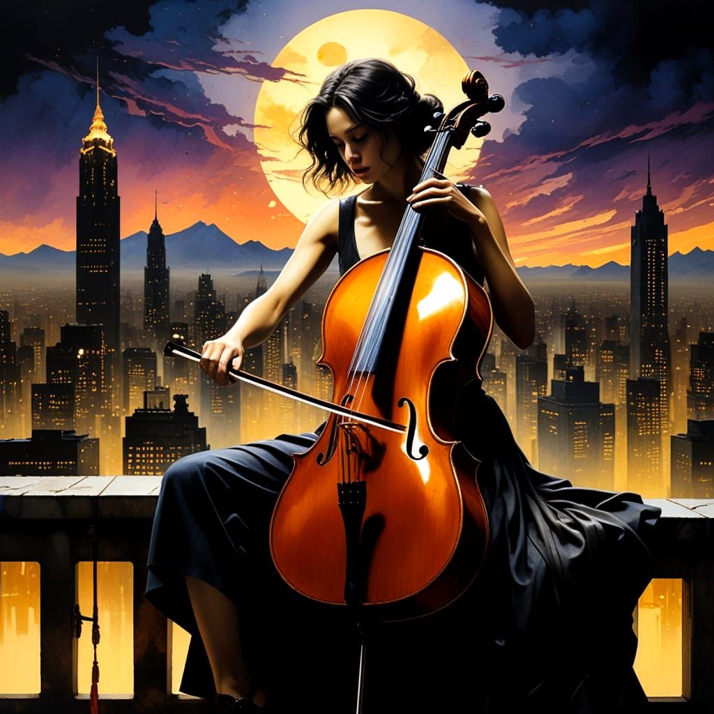 Sensual Cellist Performs Under Vibrant Twilight Rooftop