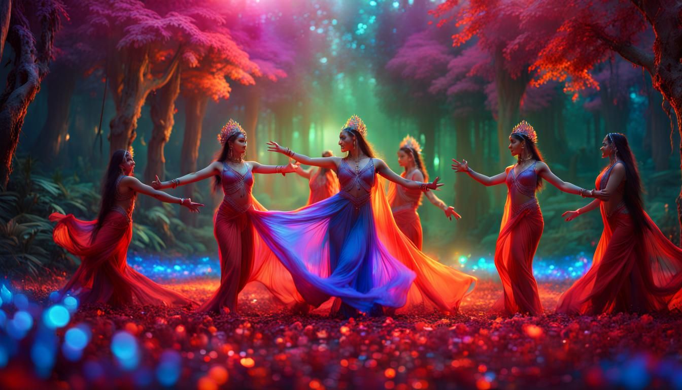 Holographic Dance in Forest, Detailed Matte Painting