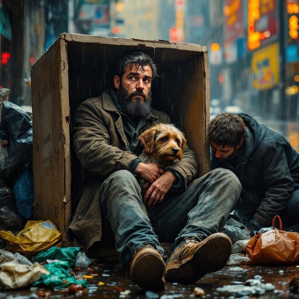 Man and Dog in Box: Impasto Gouache and Watercolor