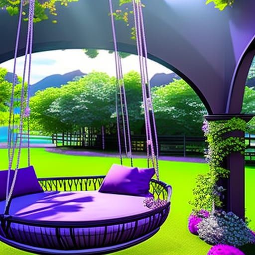 Purple Round Swing Bed with Pergola Roof and Planters& gothic vibes& ethereal vibes& magical vibes& dark fantasy vibes& ...