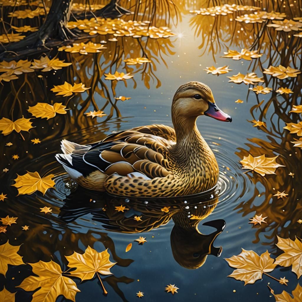 Golden Duck Swimming in Autumn Lake: Surreal 3D Landscape