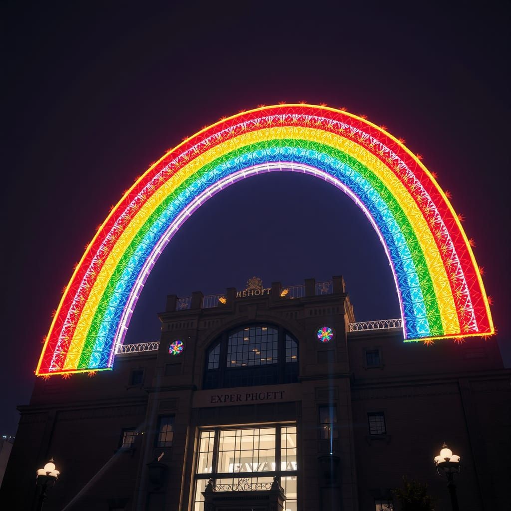drawing of a rainbow-shaped statue over the building, lumino...