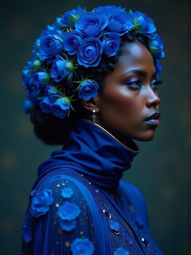 Art Nouveau Portrait with Cobalt Blue Roses