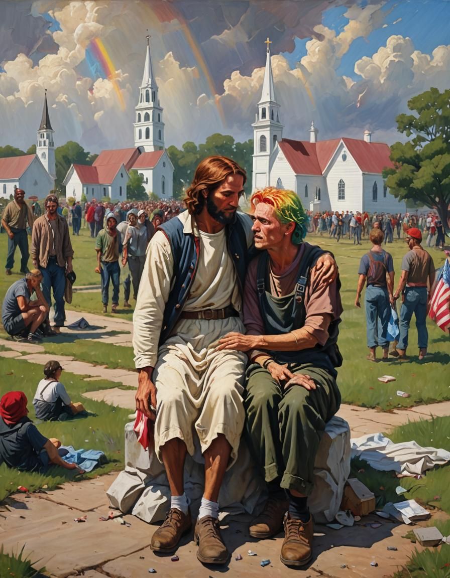 Compassionate Jesus Comforts Teenager, Oil Painting