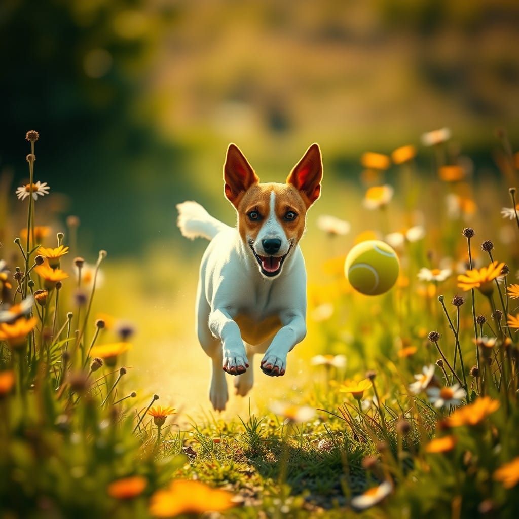 Dynamic Jack Russell Chases Yellow Tennis Ball in Sunlit Mea...