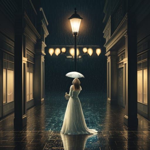 Woman Enjoys Ethereal Night Rain, Digital Painting