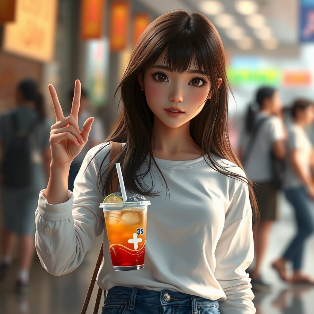 Young Girl with Soft Drink: Detailed Matte Painting