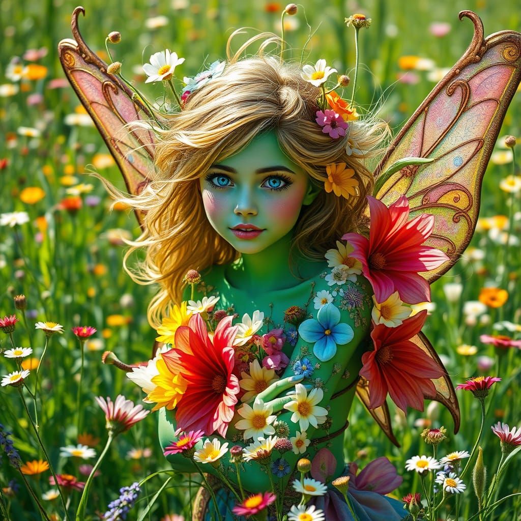 Enchanted Fairy Girl Among Blooming Wildflowers in Whimsical...
