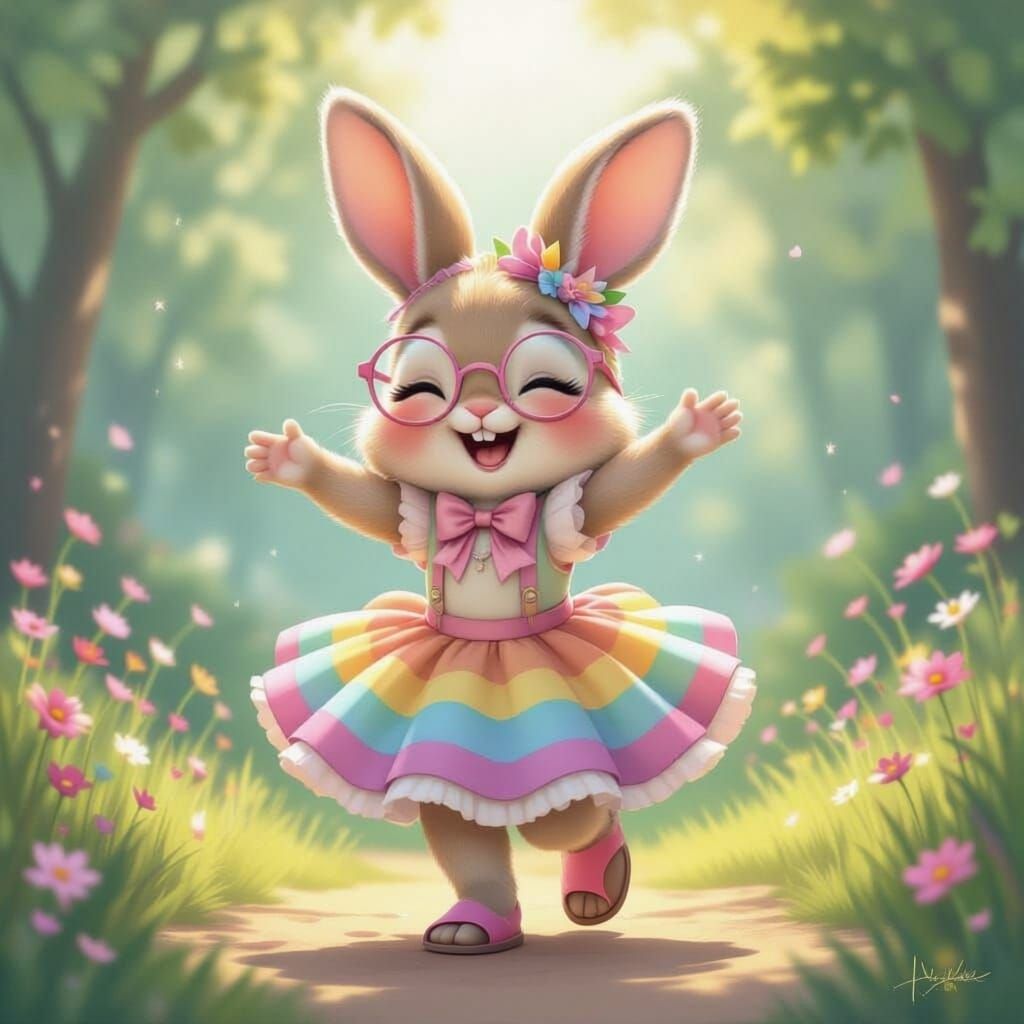 Young Rabbit Girl Dancing in Pastel Rainbow Skirt