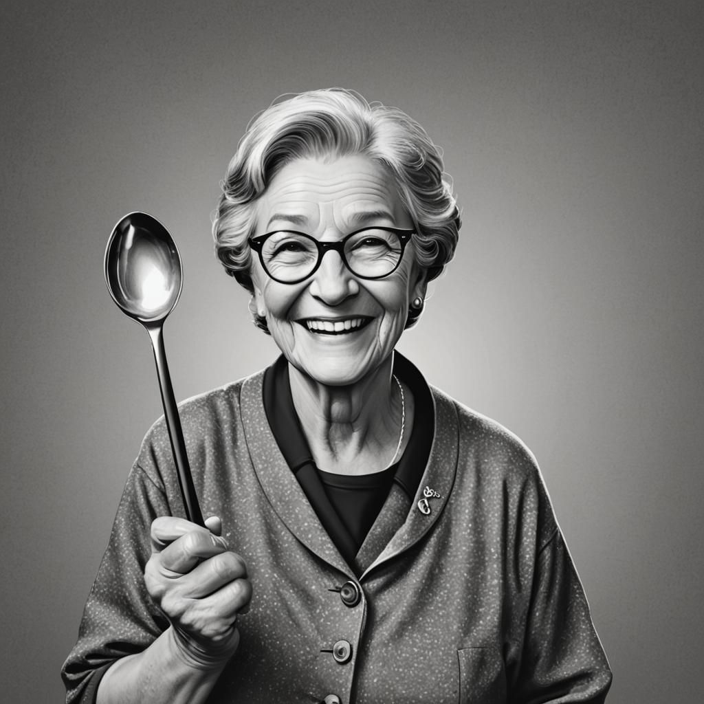 Friendly Grandmother Illustration in Black and White