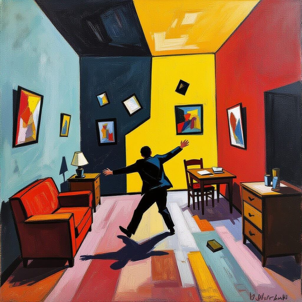 Tilted Room with Falling Furniture in Expressionist Style