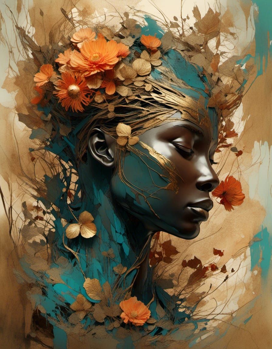 Floral Wooden Bust Portrait in Digital Painting Style