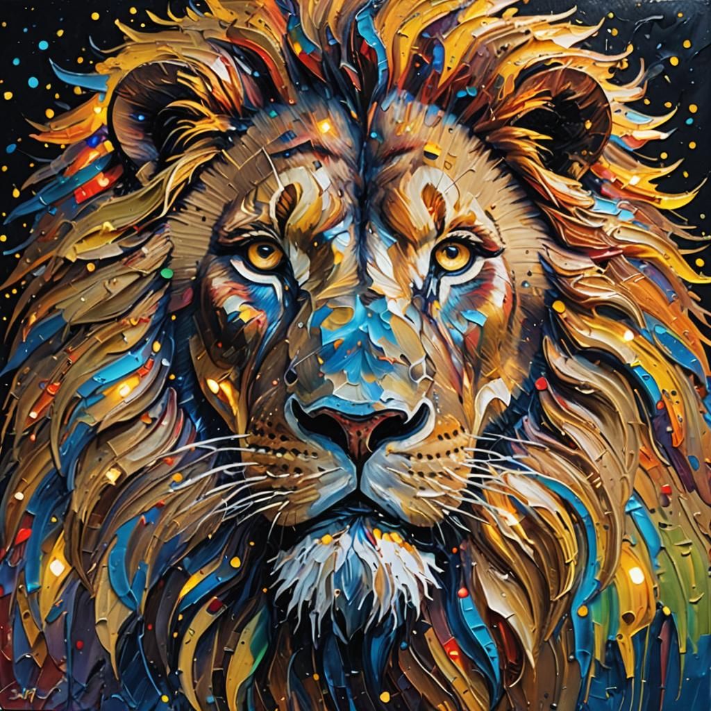 Illuminated Lion at Night in Impasto Style