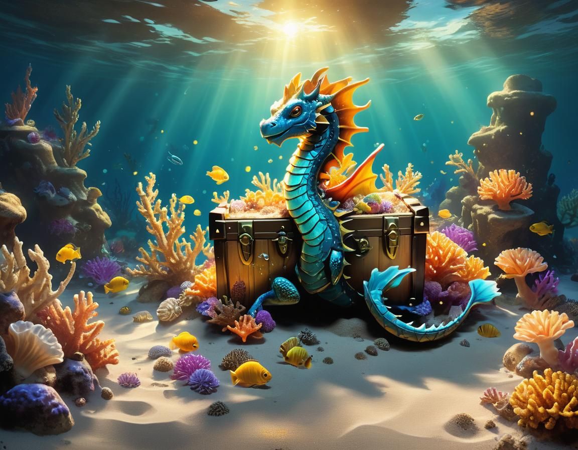 Cute Sea Dragon Guarding Treasure: Underwater Concept Art