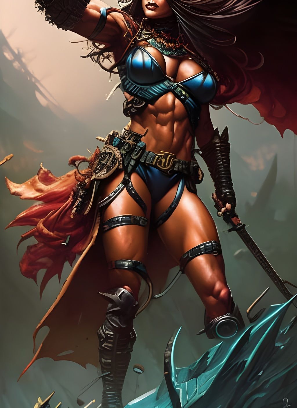 Vivid Crayon Caricature of a Female Barbarian