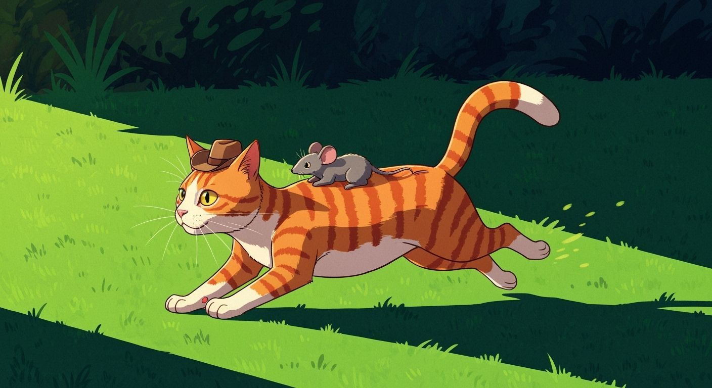 Tabby Cat with Mouse Cowboy Hat Rides Through Yard