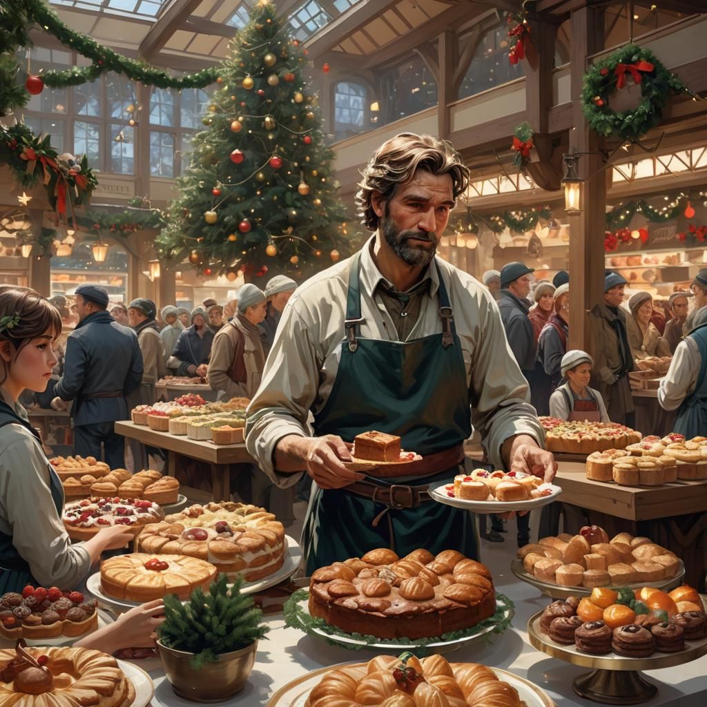 Festive Christmas Market with Lit Garland, Digital Art