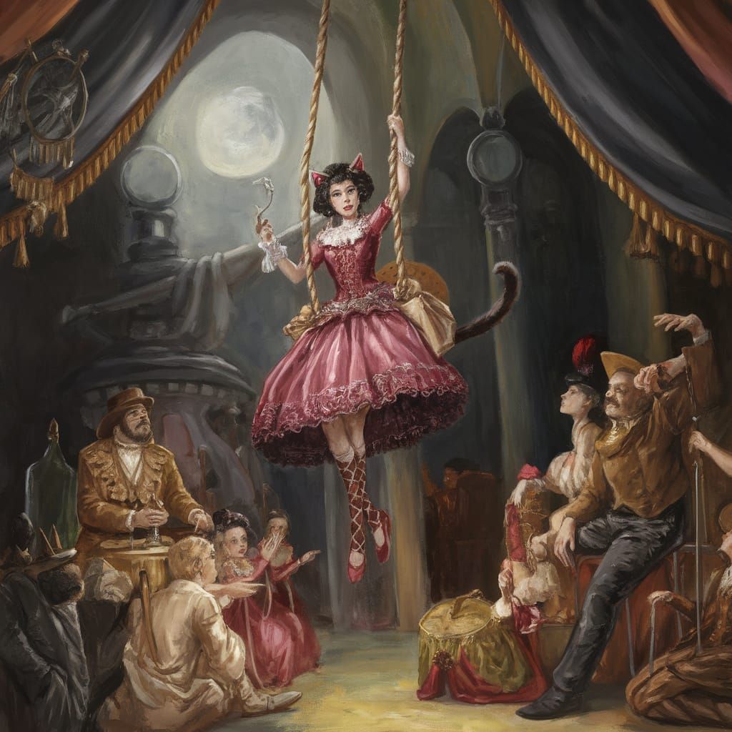 Surreal Dark Circus Trapeze Artist in Oil Painting Style