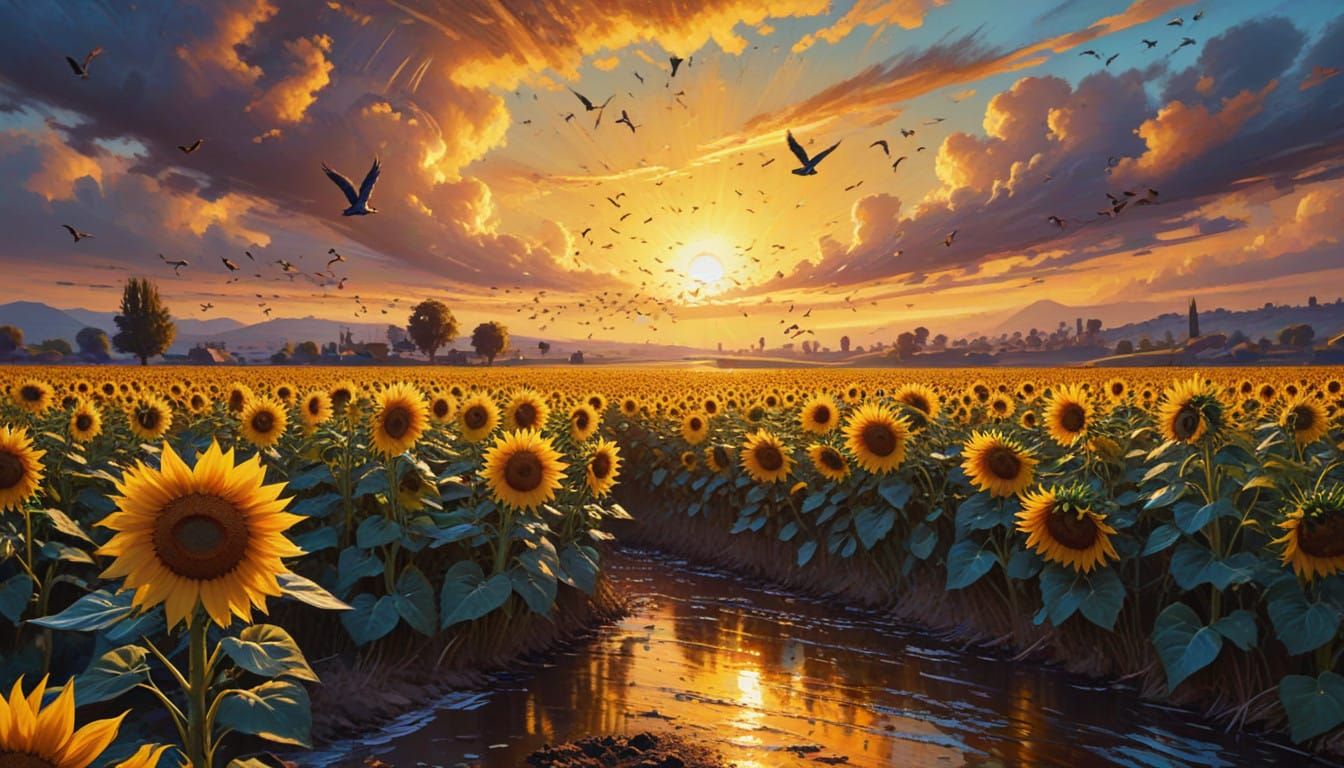 Vibrant Countryside Sunset with Flying Birds
