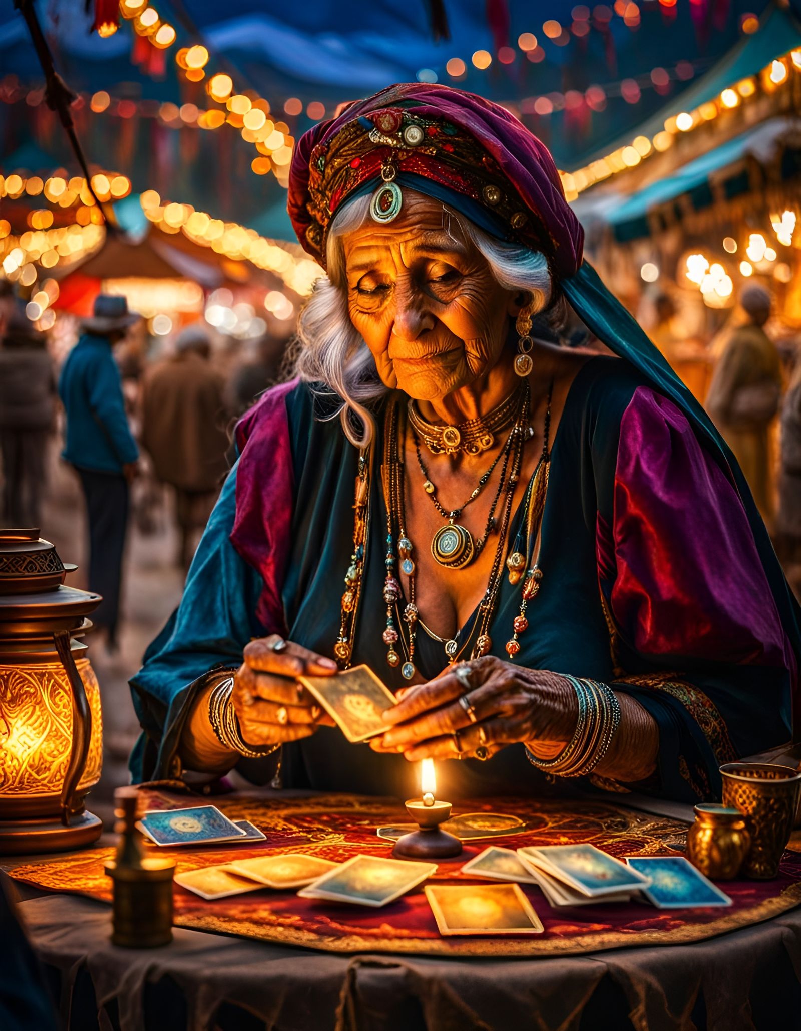 Gypsy Woman Reading Tarot Cards: Impressionistic Carnival Ar...