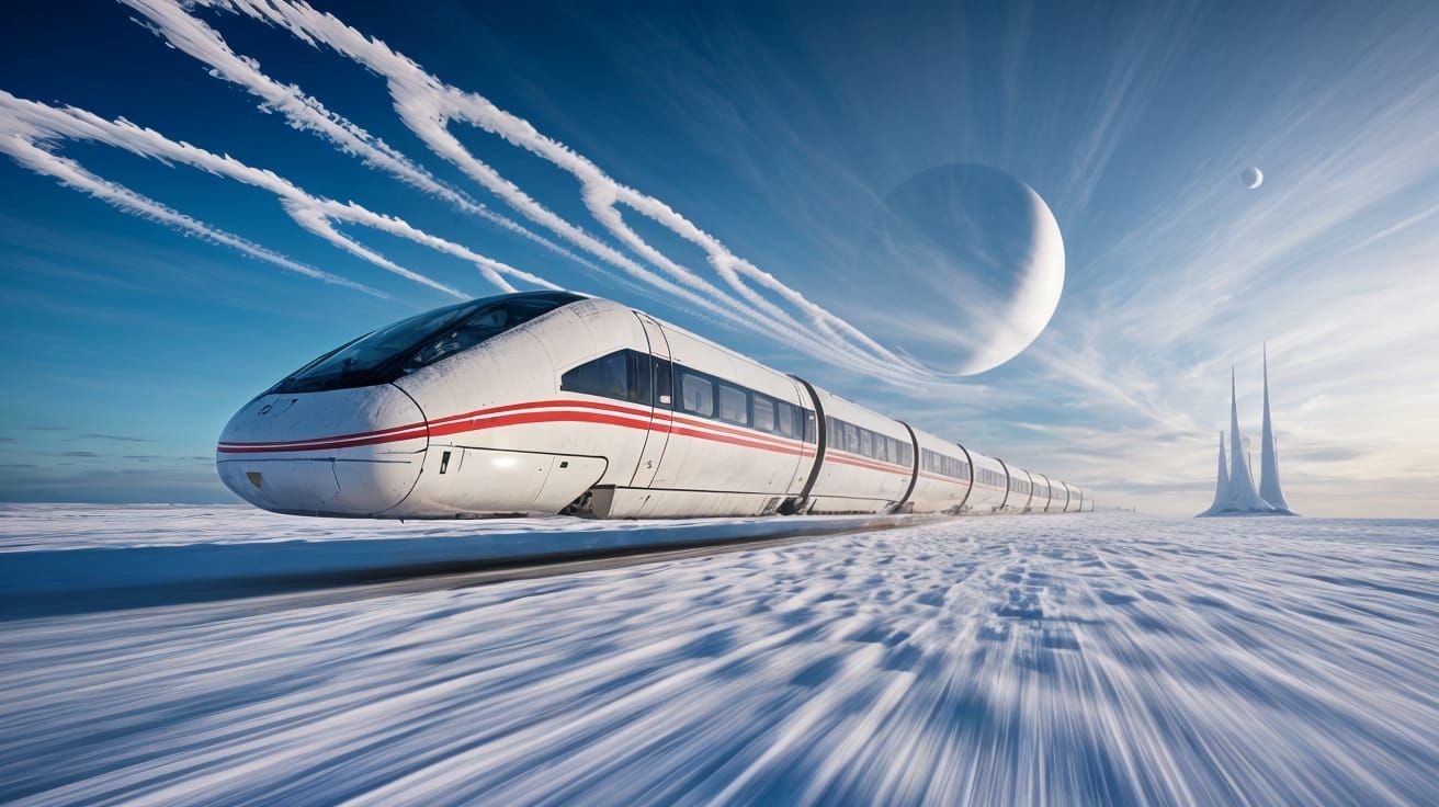 Futuristic Magnetic Train Speeds Through Icy Plains