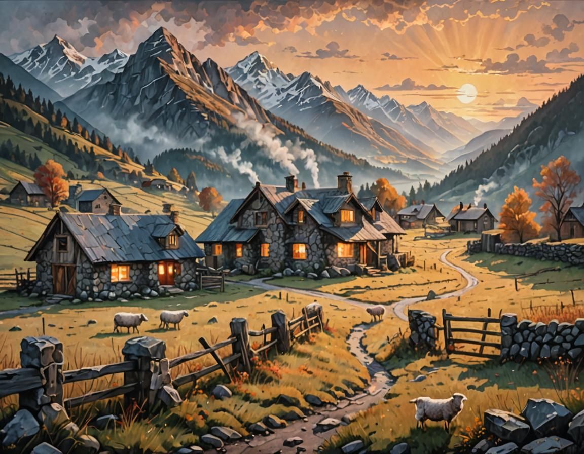 Mountain Homes at Sunrise: Acrylic Painting