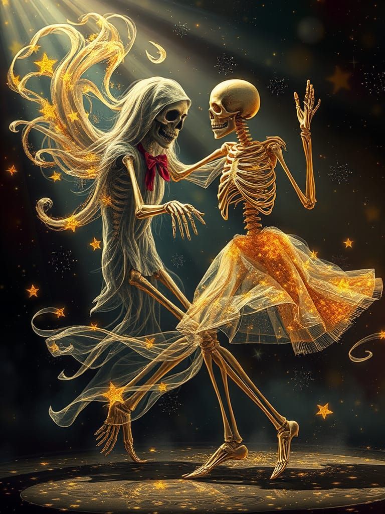 a zombie ghost and a skeleton dance at a disco