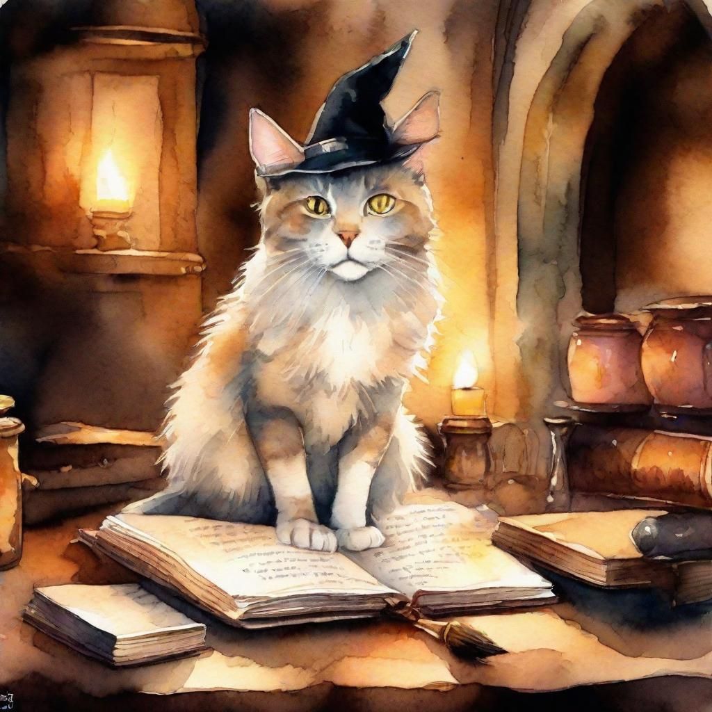 Whimsical Witch's Cat in Watercolor Style