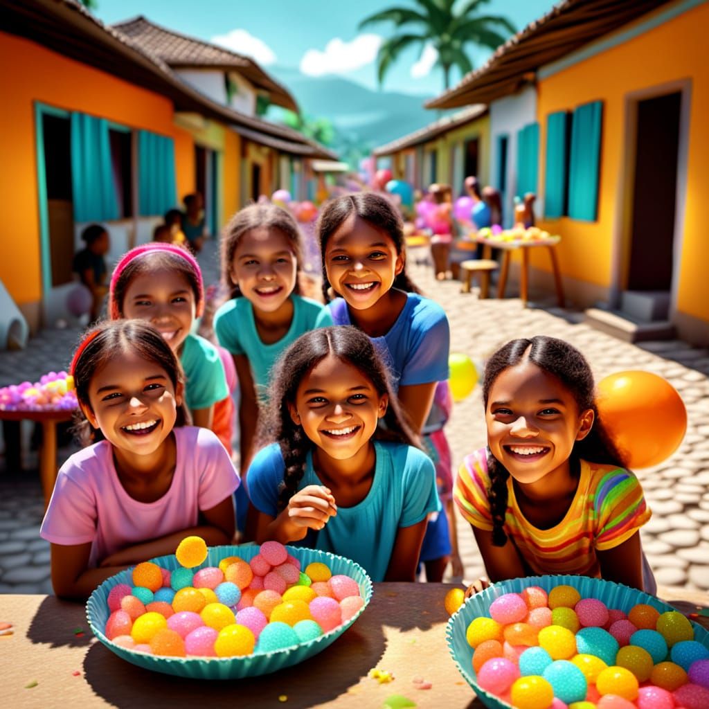Kids Playing with Candies in Vibrant 3D Style