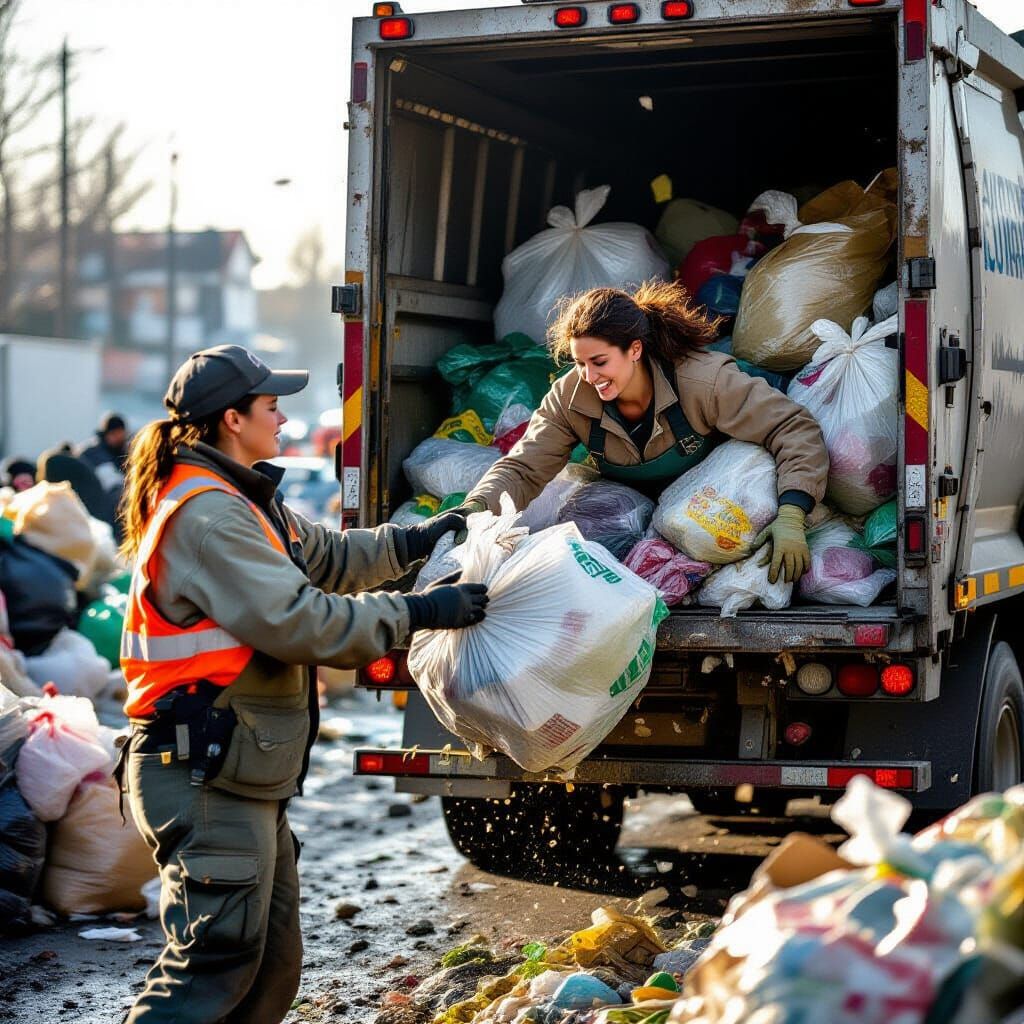 Garbage Collector Tossing Woman Into Trash Truck
