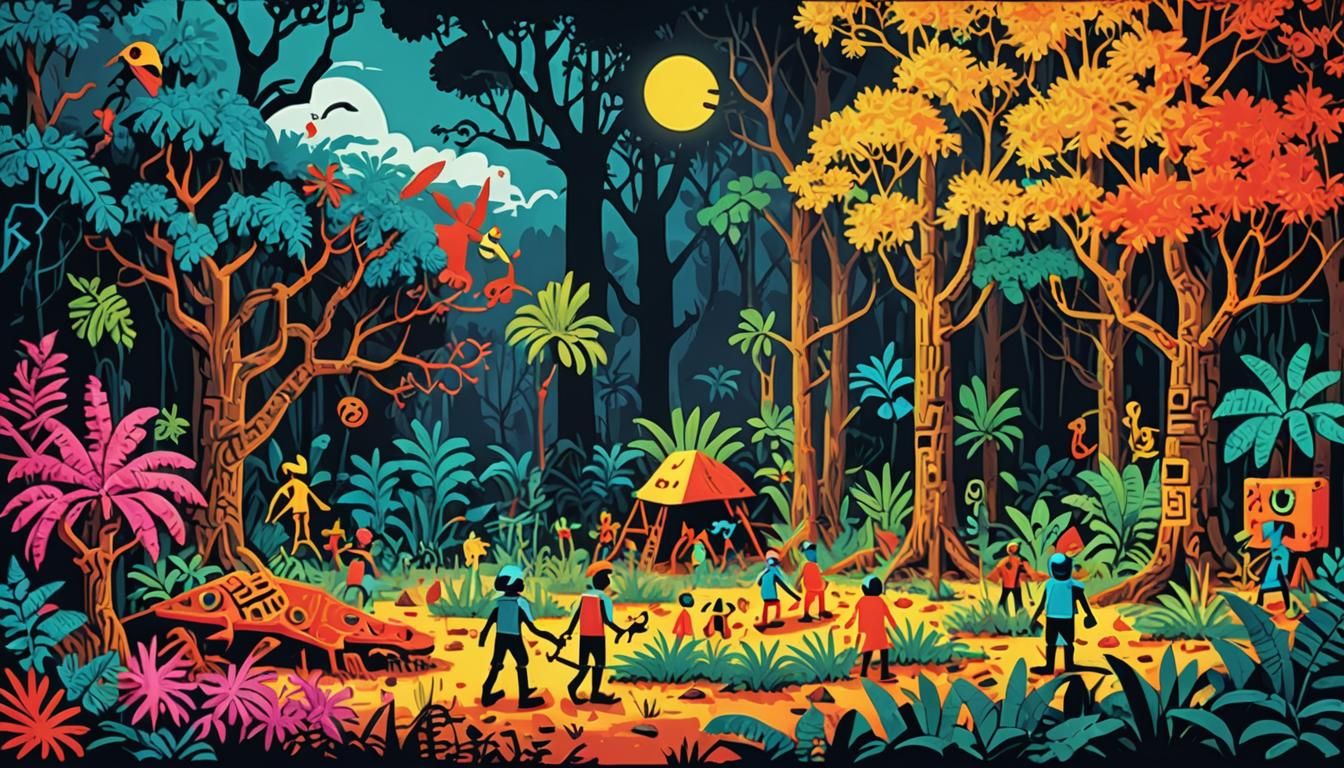 Jungle Clearing with Mannequins in Pixel Art Style