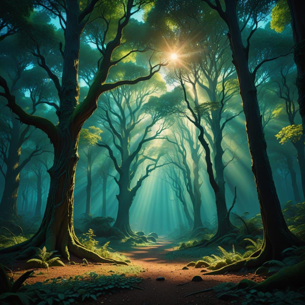 Majestic, Glowing Tree in Iridescent Forest