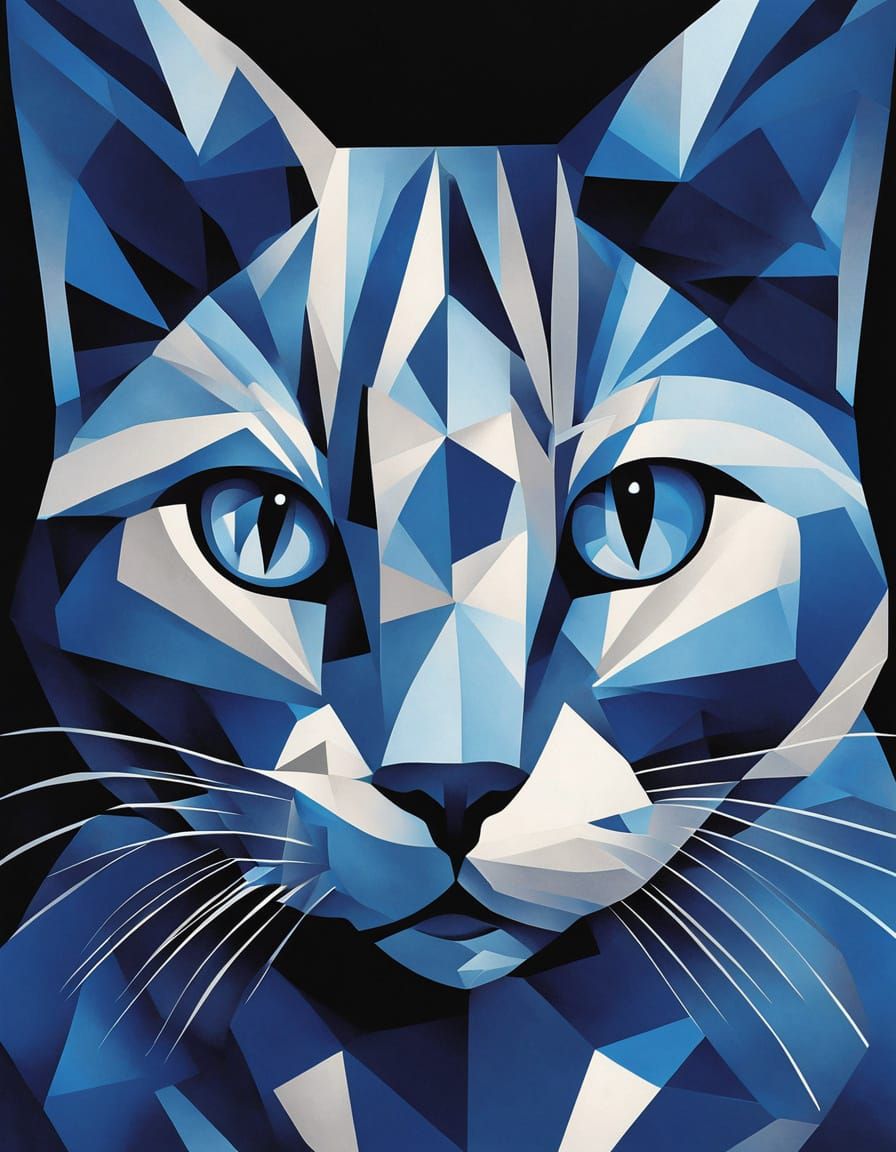 Abstract Blue Geometric Cat with Luminous Eyes