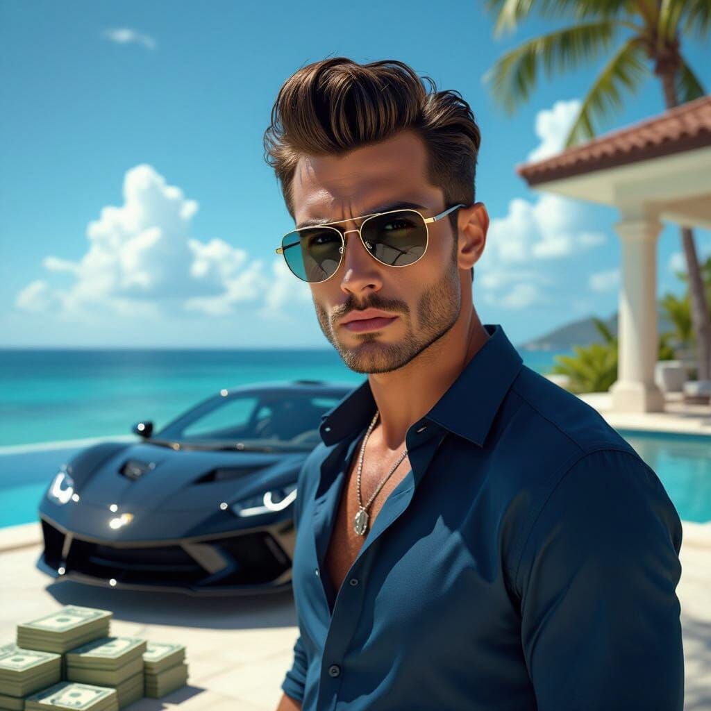 Tropical Villa Scene with Supercar, Photorealistic Style