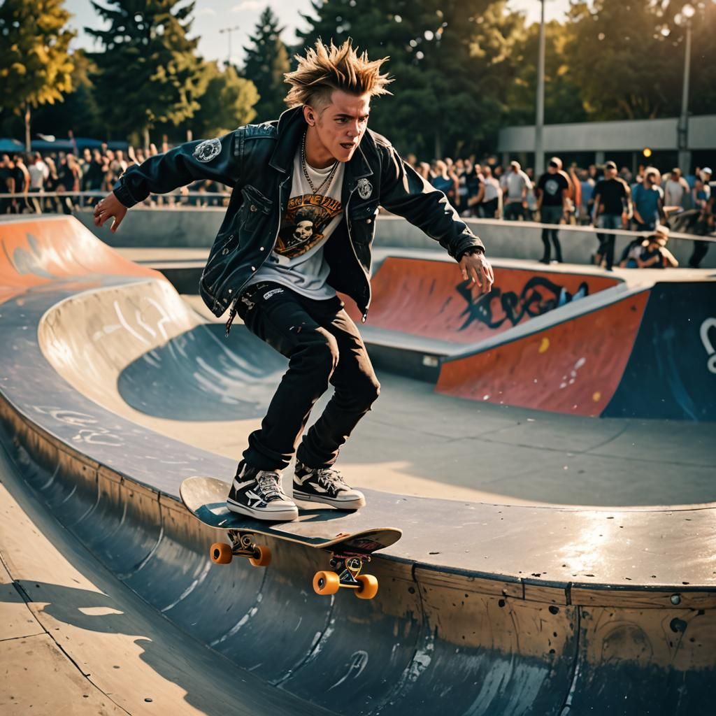 Punk rocker skateboarding on the half pipe at the skate park...