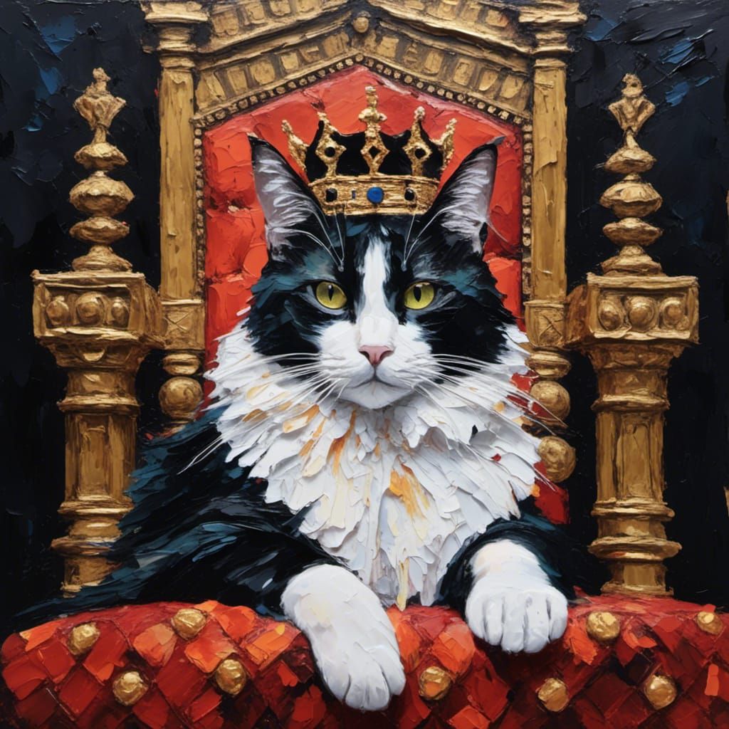 Royal Cat on Throne: Renaissance Impasto Oil Painting