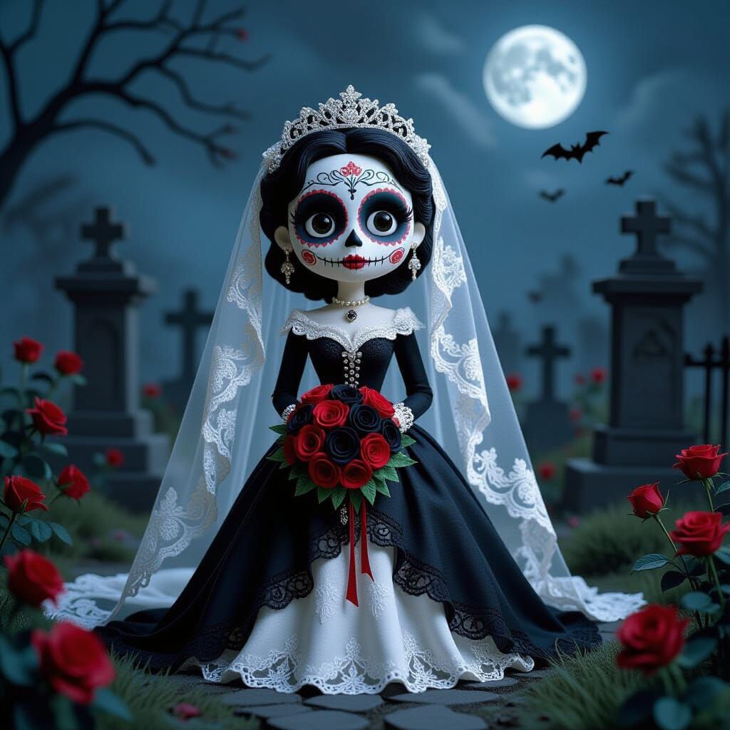 Gothic Claymation Bride with Sugar Skull Makeup in Graveyard