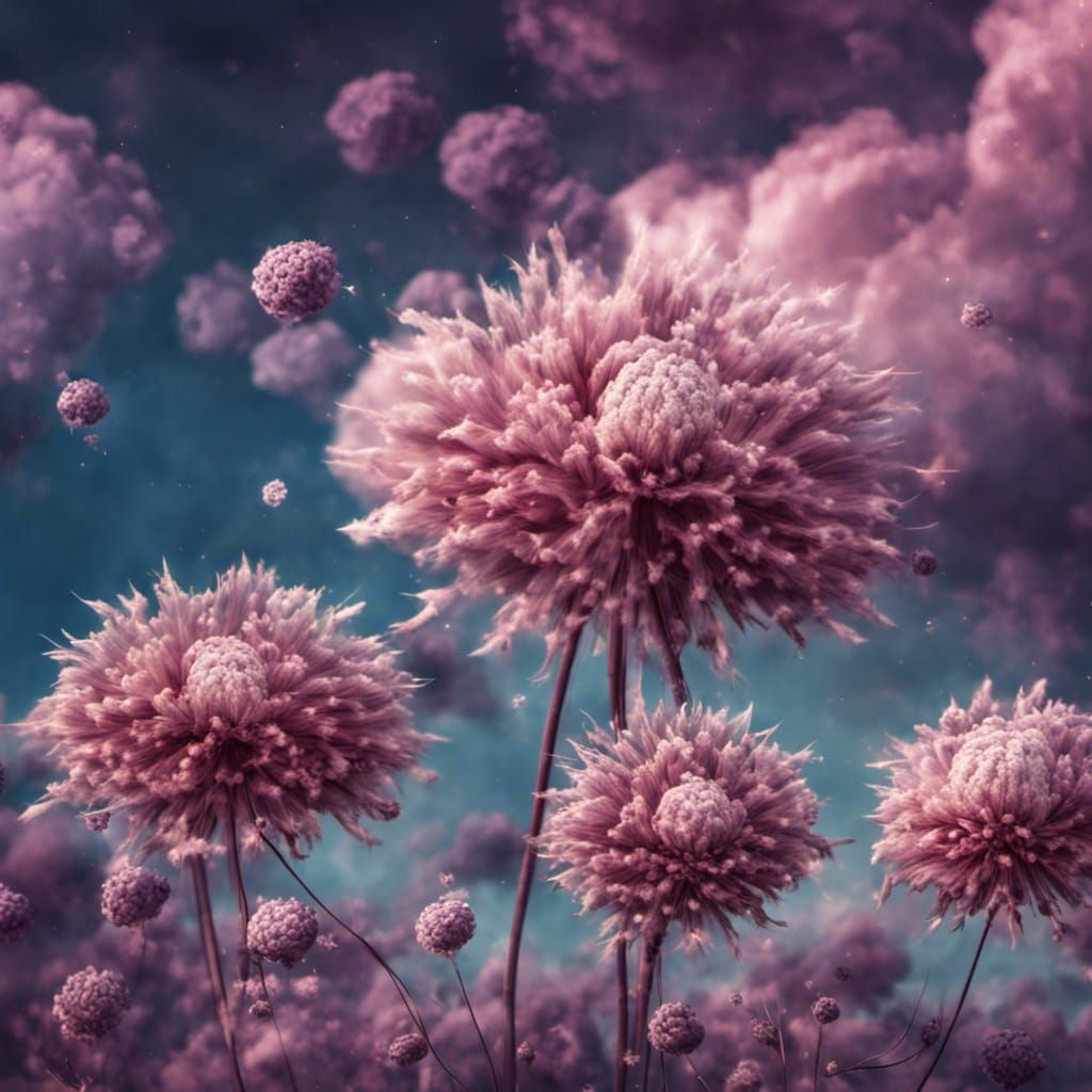 Hyperrealistic Futuristic Flower Clouds with Fireworks