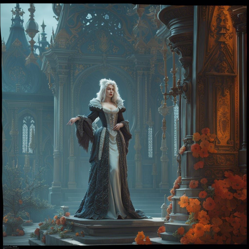 Rococo Gothic Witch in Rainy City, Hyperdetailed Rendering