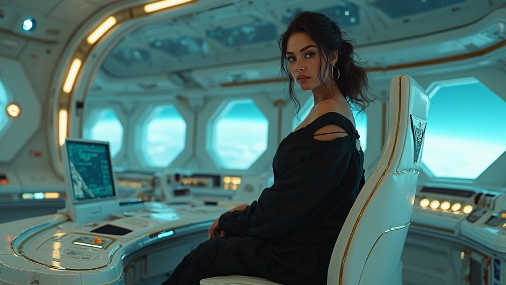 Confident Italian-Egyptian Space Commander in Elegant Attire